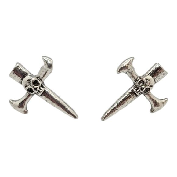 Gothic Sword Cross Skull Stud Earrings Dagger Medieval Gothic Silver Pierced Ear - Picture 6 of 6